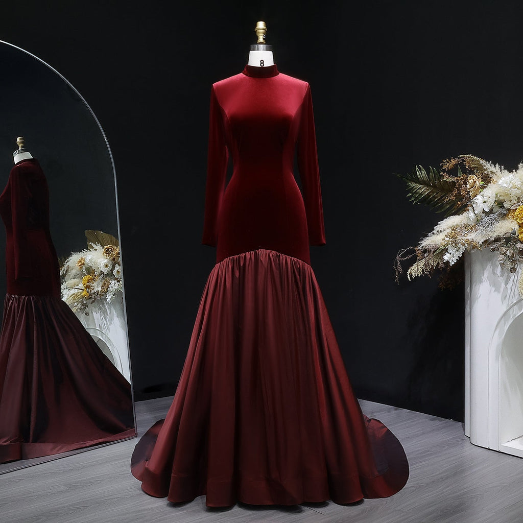 Luxury Burgundy Velvet Ruffles Ball Gown Evening Dress SF441