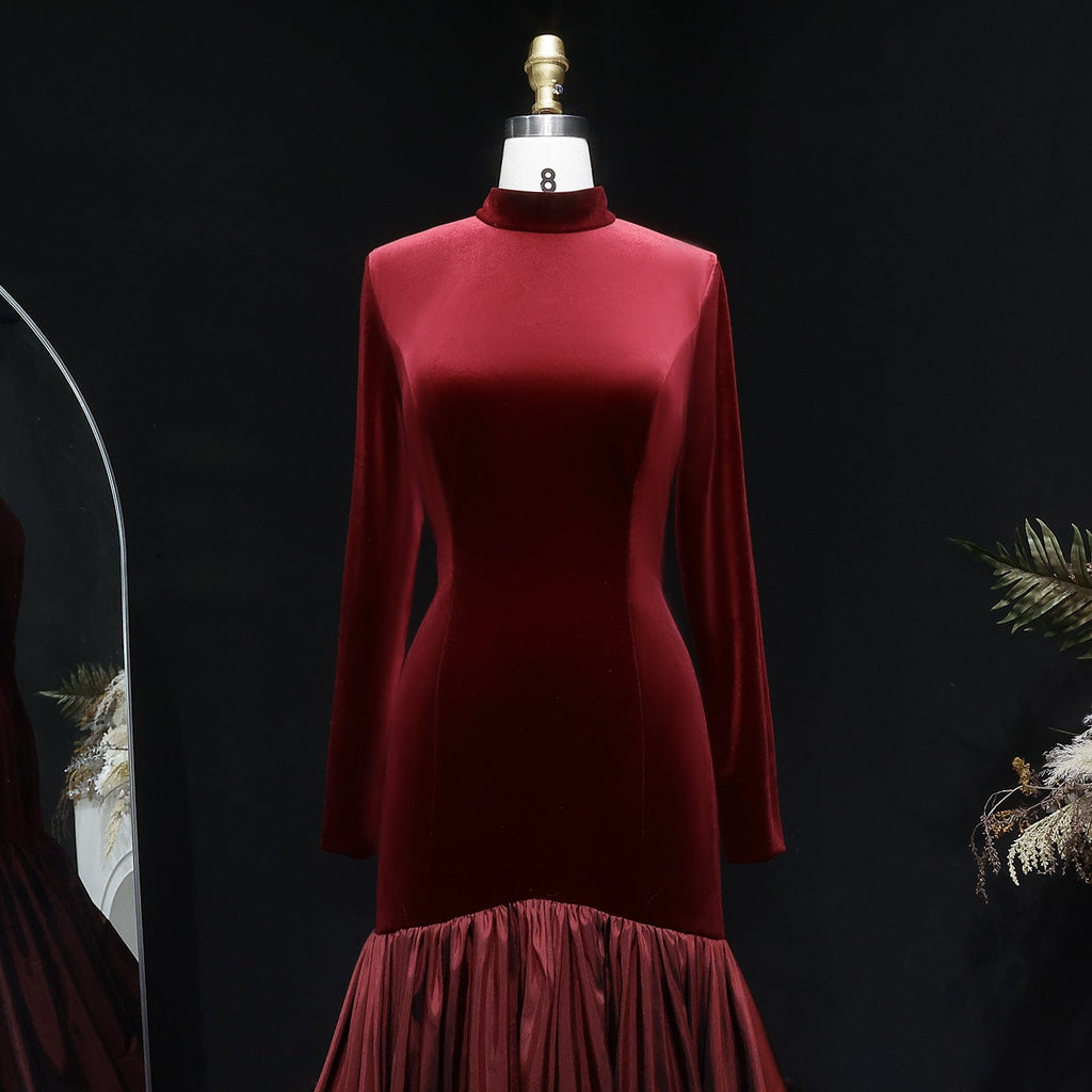 Luxury Burgundy Velvet Ruffles Ball Gown Evening Dress SF441