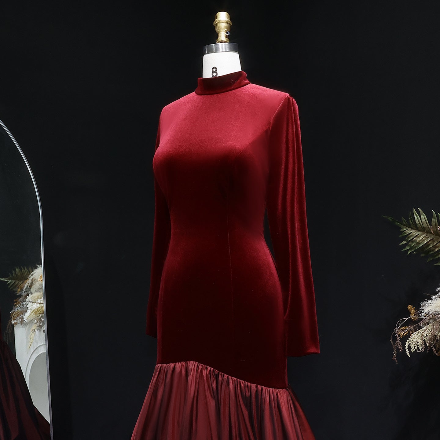 Luxury Burgundy Velvet Ruffles Ball Gown Evening Dress SF441