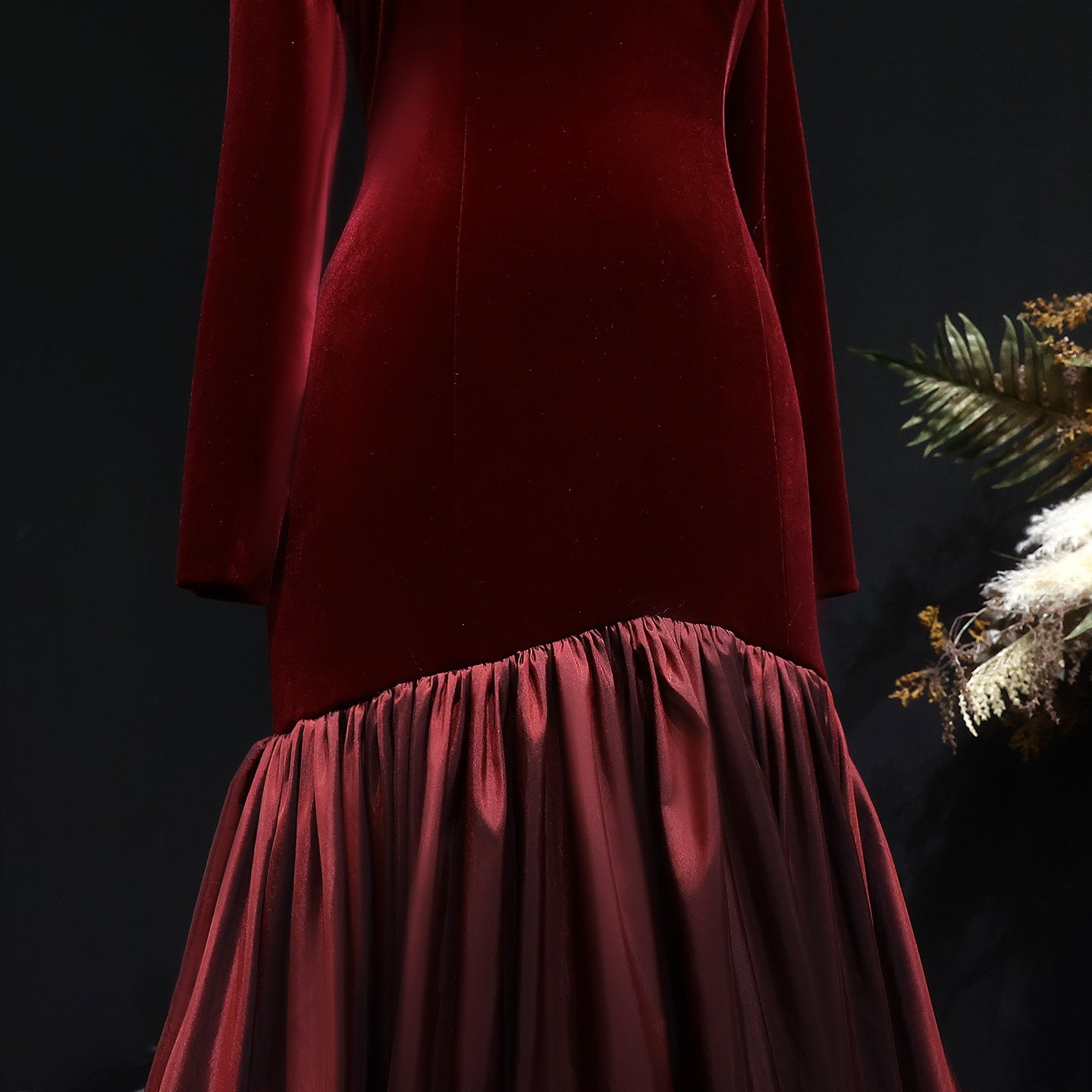 Luxury Burgundy Velvet Ruffles Ball Gown Evening Dress SF441