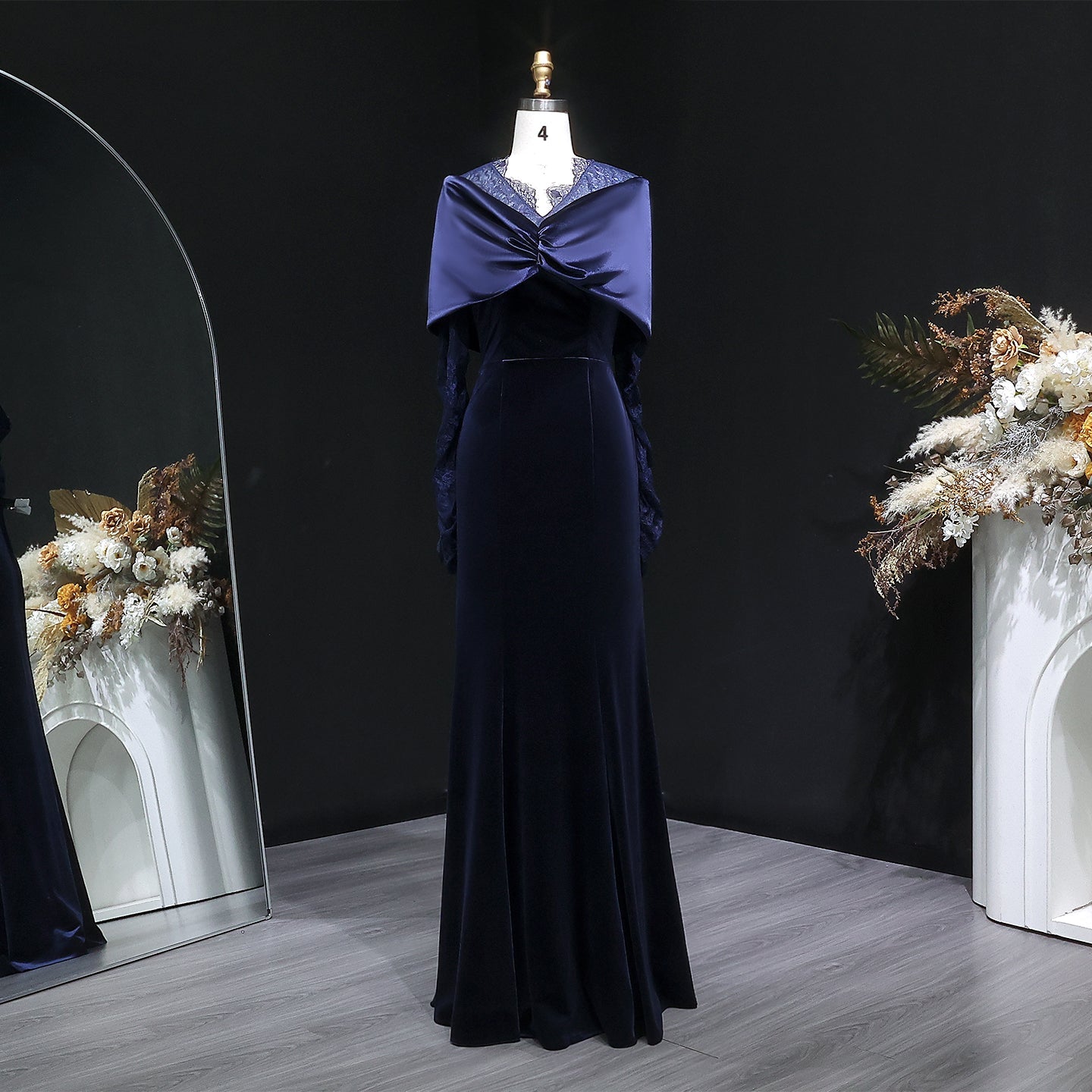 Luxury Navy Blue Velvet Lace Sleeve Evening Dress with Cap SF443