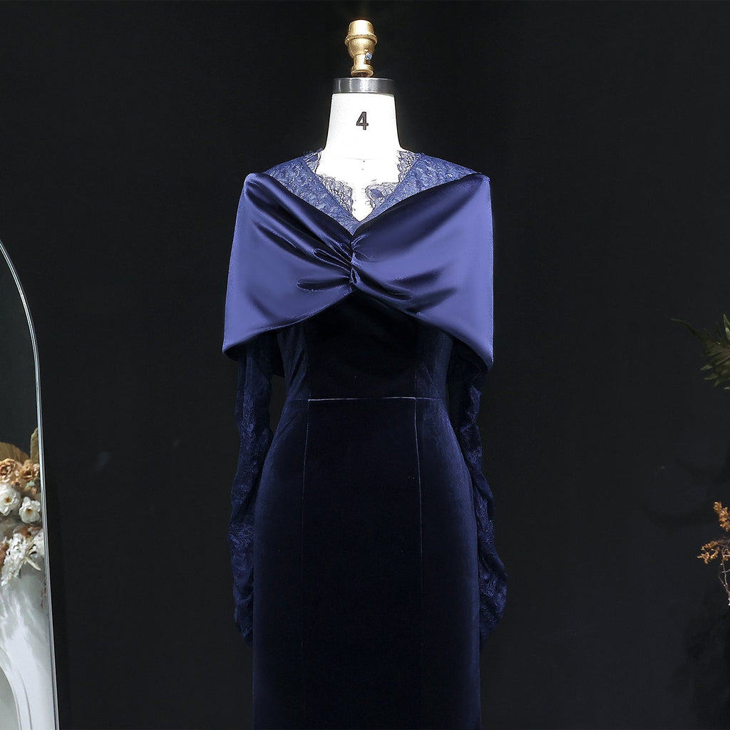 Luxury Navy Blue Velvet Lace Sleeve Evening Dress with Cap SF443