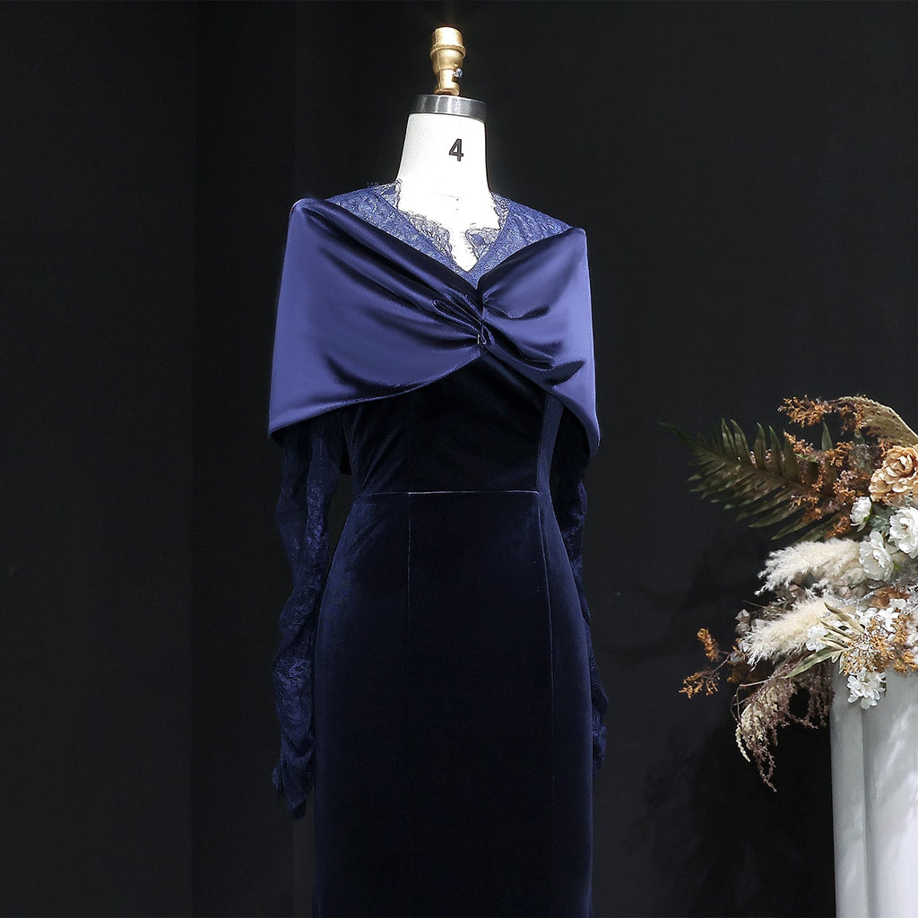 Luxury Navy Blue Velvet Lace Sleeve Evening Dress with Cap SF443