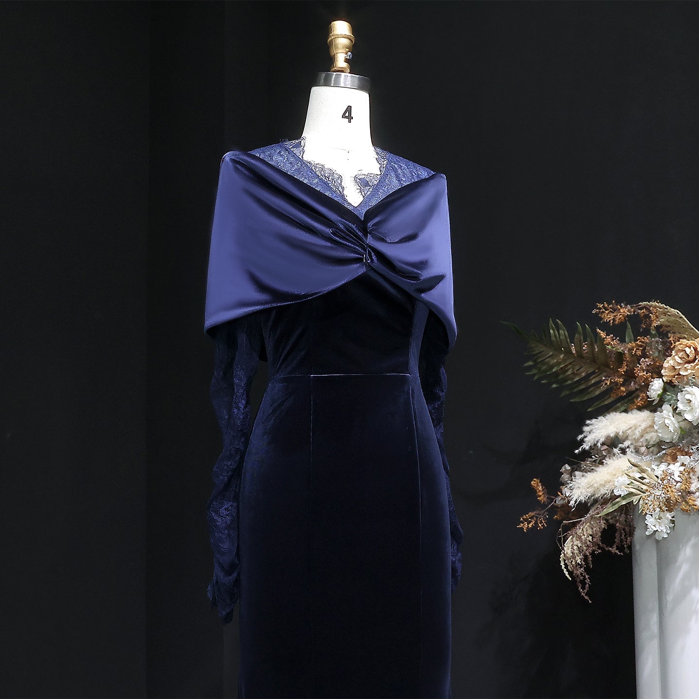 Luxury Navy Blue Velvet Lace Sleeve Evening Dress with Cap SF443