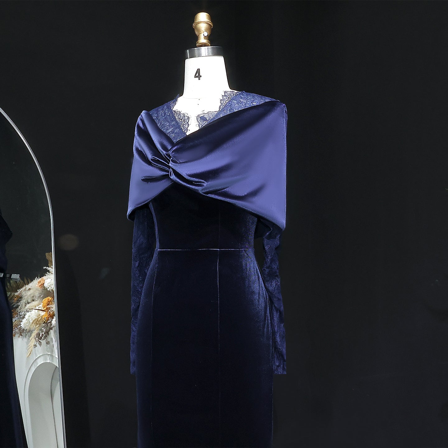 Luxury Navy Blue Velvet Lace Sleeve Evening Dress with Cap SF443