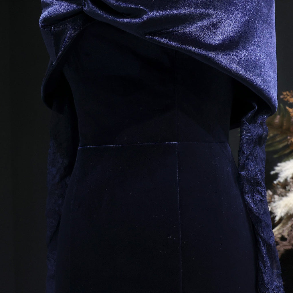 Luxury Navy Blue Velvet Lace Sleeve Evening Dress with Cap SF443