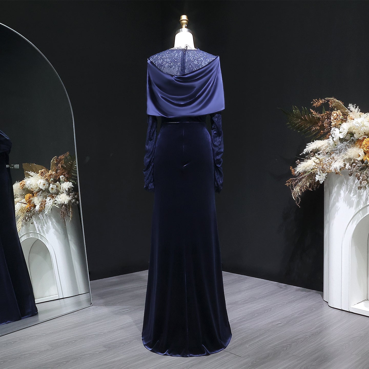 Luxury Navy Blue Velvet Lace Sleeve Evening Dress with Cap SF443