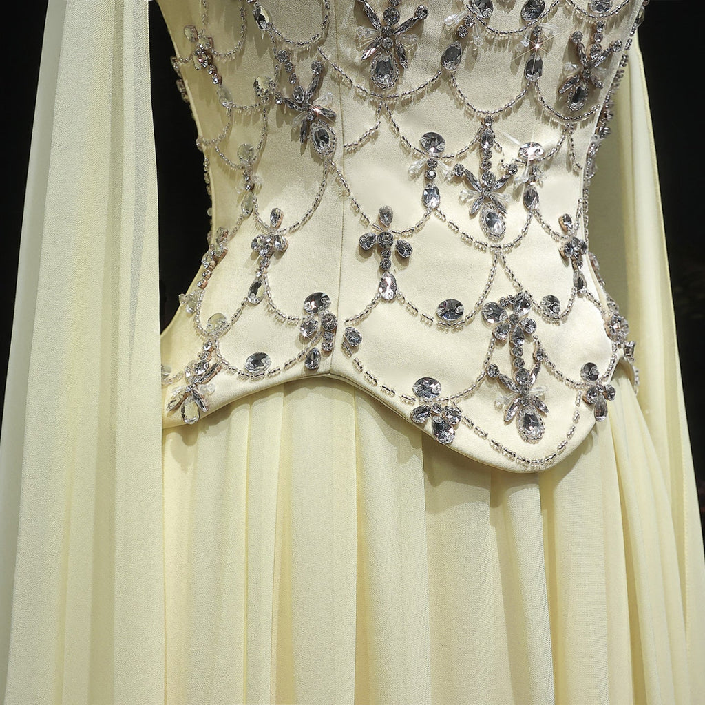Chic Yellow Crystal Beaded Chiffon Evening Dress with Cape Sleeve SF449