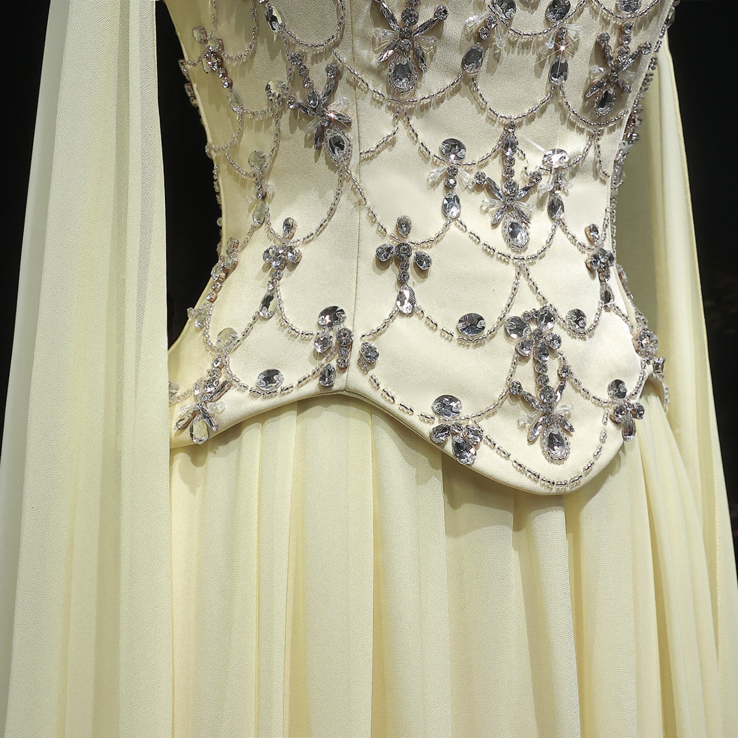 Chic Yellow Crystal Beaded Chiffon Evening Dress with Cape Sleeve SF449