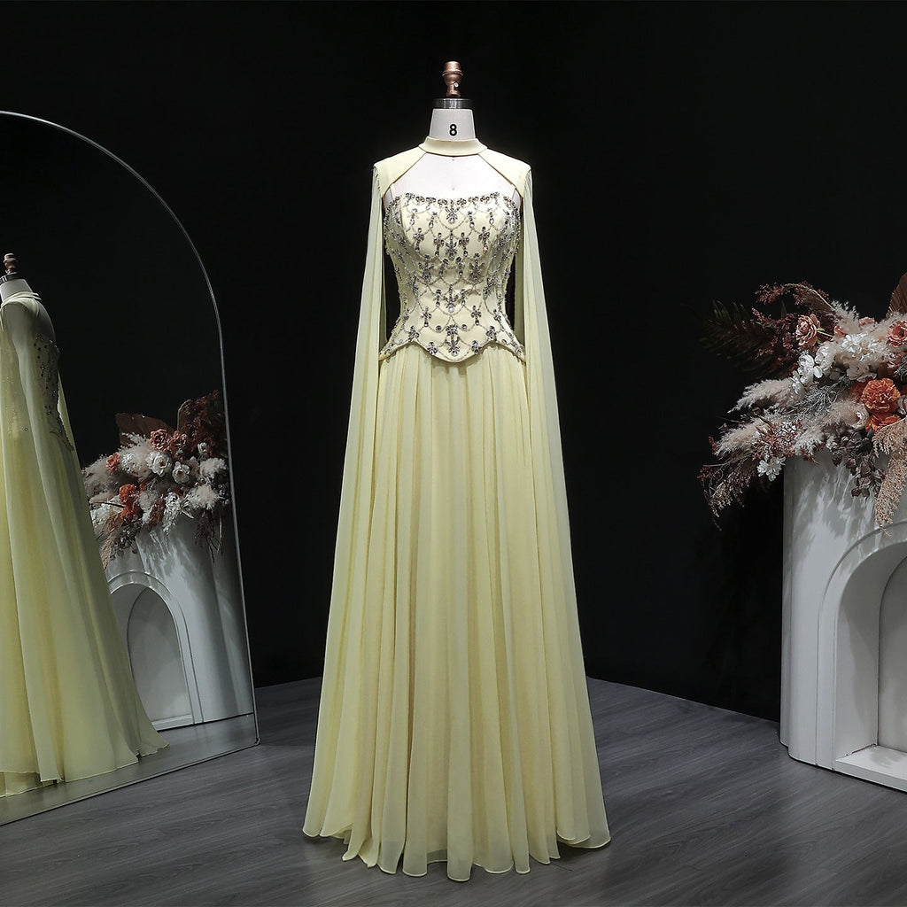 Chic Yellow Crystal Beaded Chiffon Evening Dress with Cape Sleeve SF449