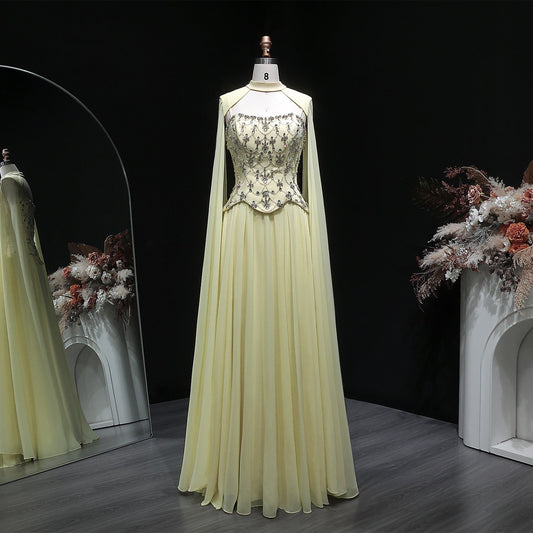 Chic Yellow Crystal Beaded Chiffon Evening Dress with Cape Sleeve SF449