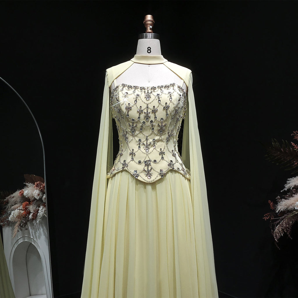 Chic Yellow Crystal Beaded Chiffon Evening Dress with Cape Sleeve SF449