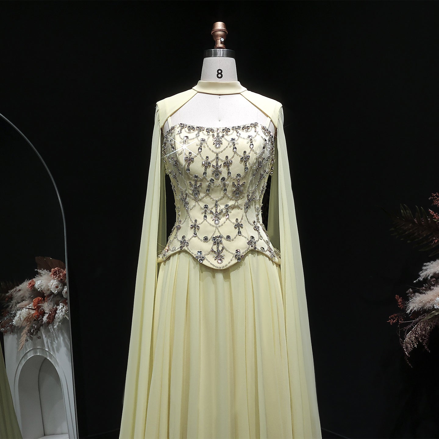 Chic Yellow Crystal Beaded Chiffon Evening Dress with Cape Sleeve SF449