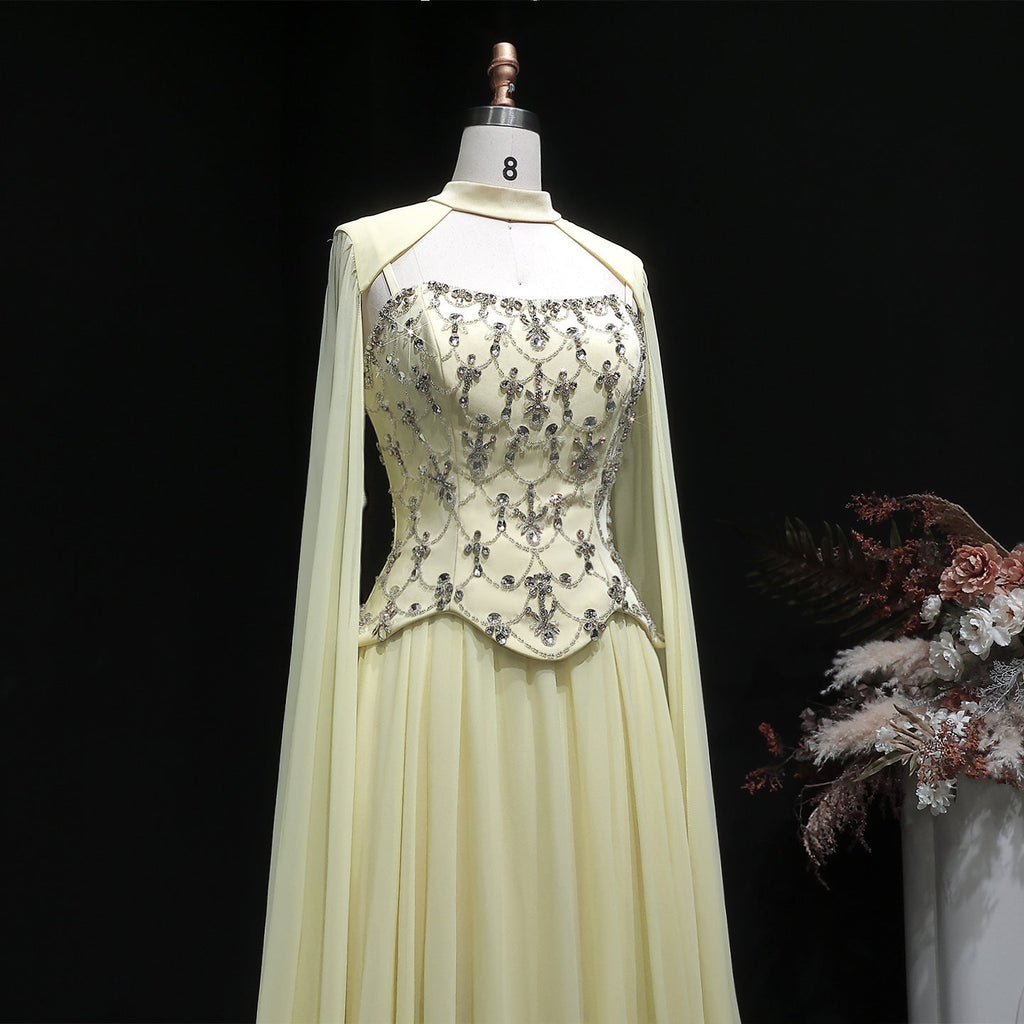 Chic Yellow Crystal Beaded Chiffon Evening Dress with Cape Sleeve SF449