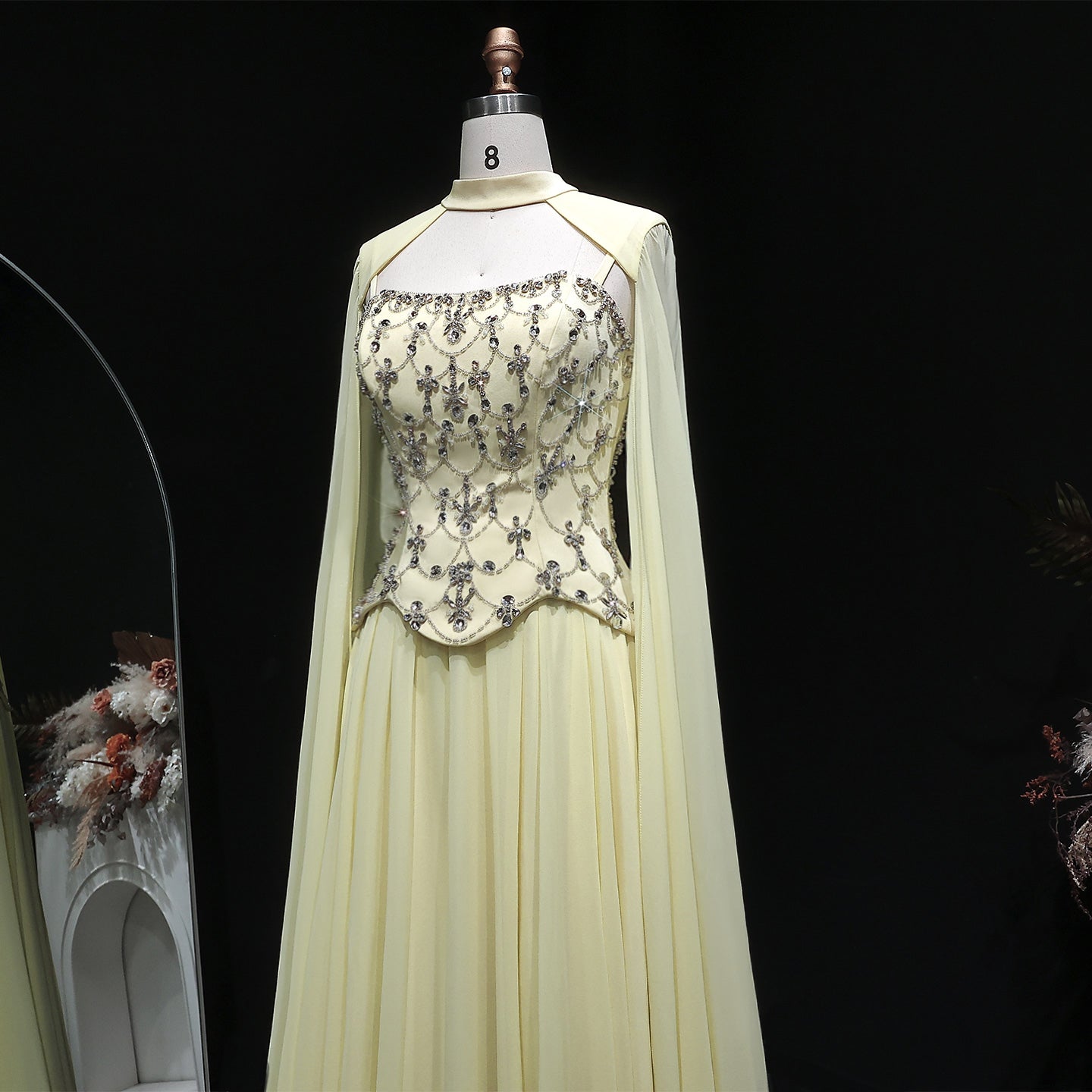 Chic Yellow Crystal Beaded Chiffon Evening Dress with Cape Sleeve SF449