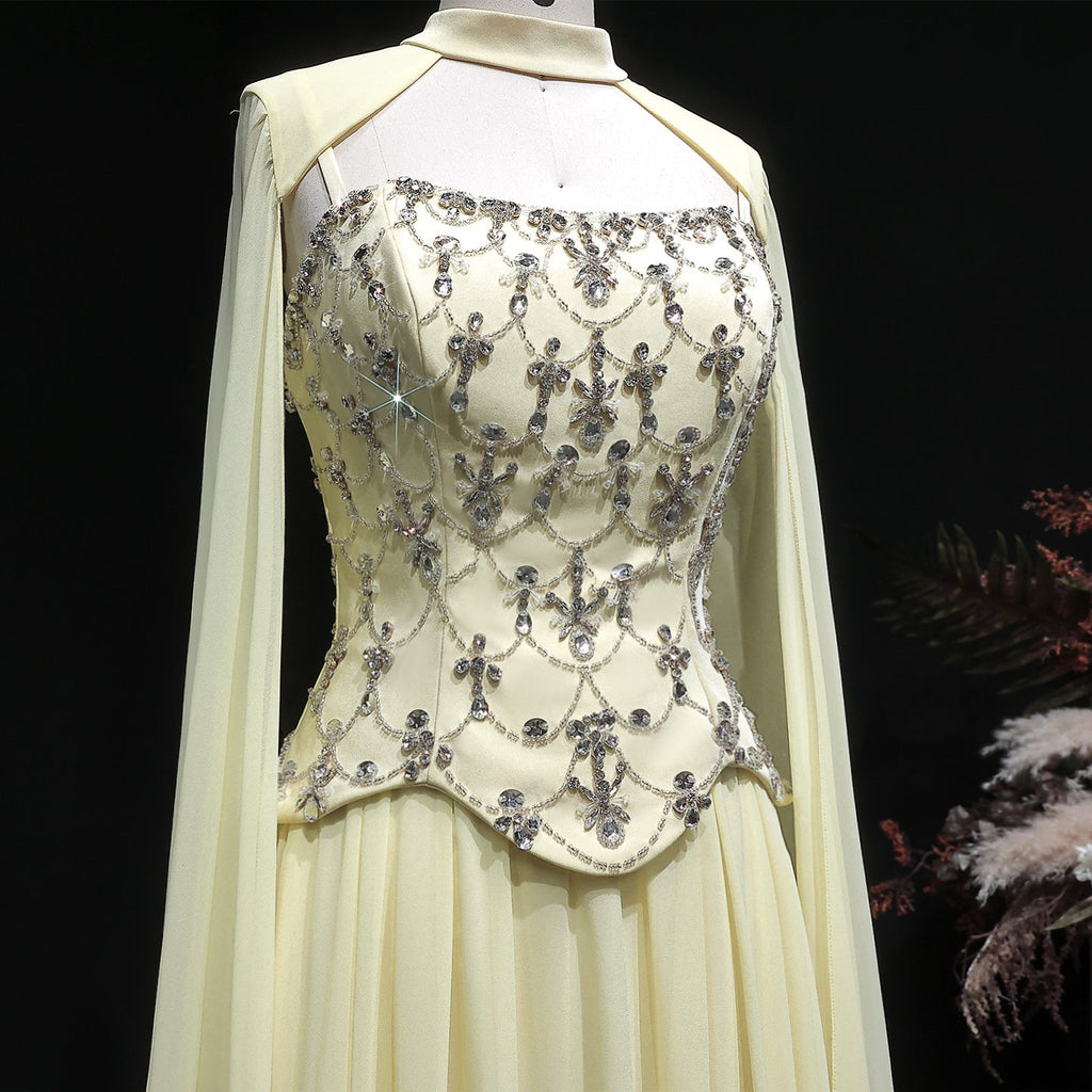 Chic Yellow Crystal Beaded Chiffon Evening Dress with Cape Sleeve SF449