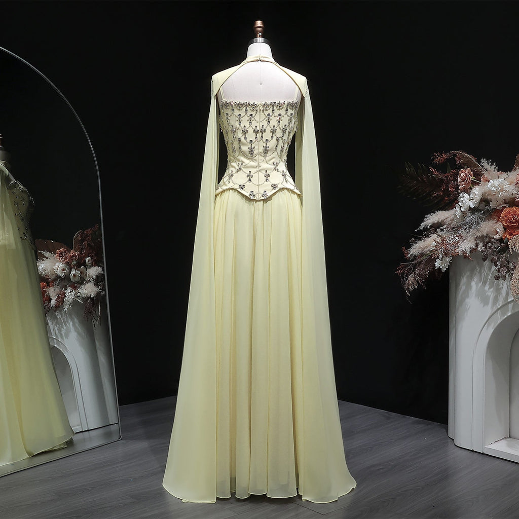Chic Yellow Crystal Beaded Chiffon Evening Dress with Cape Sleeve SF449