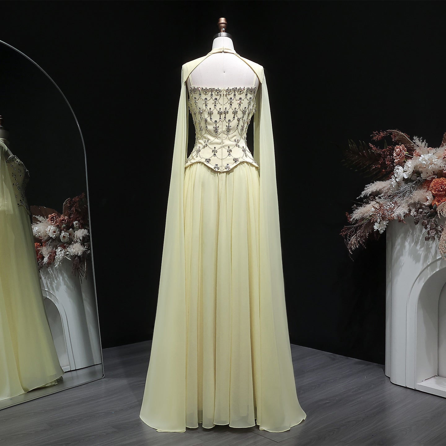 Chic Yellow Crystal Beaded Chiffon Evening Dress with Cape Sleeve SF449