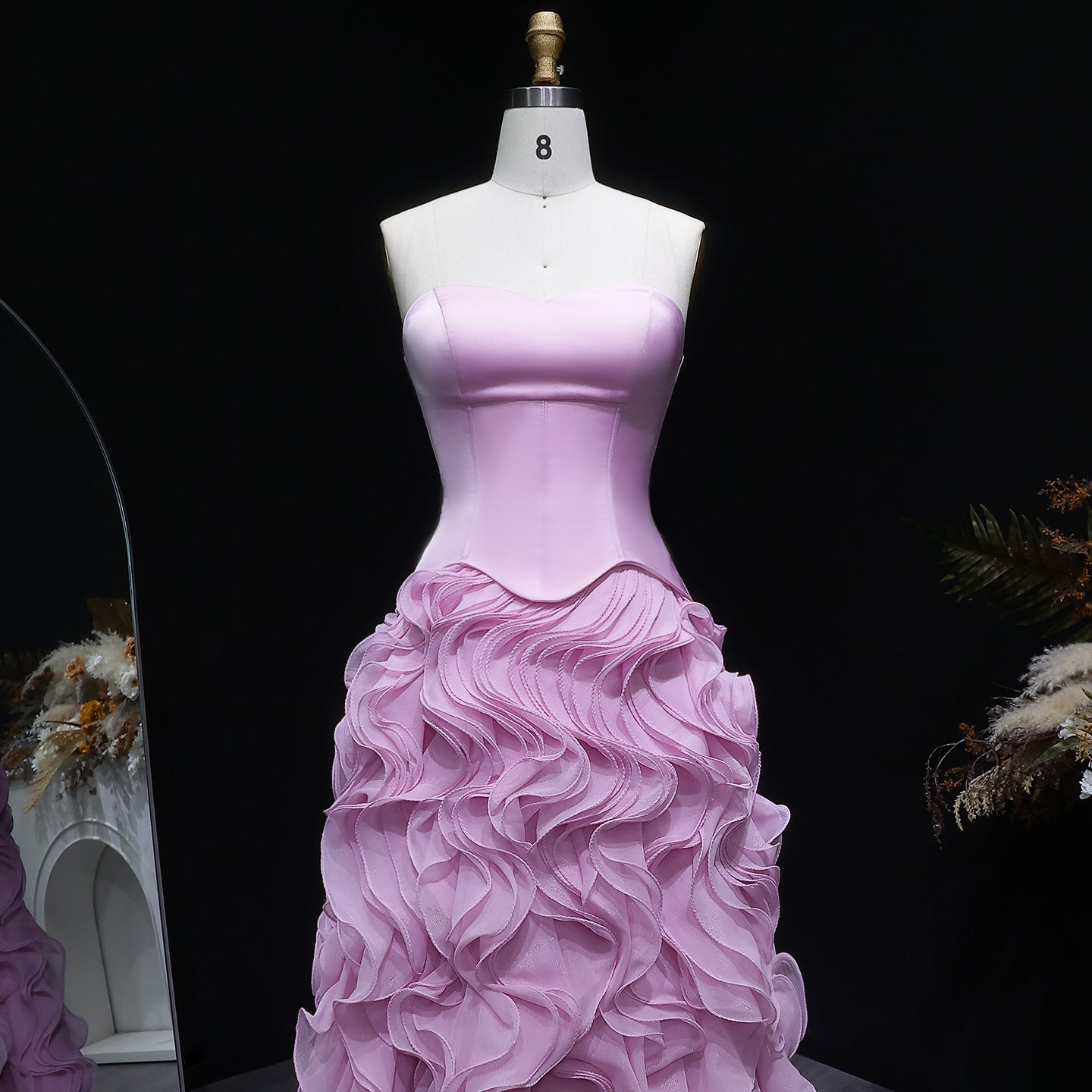 Luxury Pink Strapless Layered Ruched Evening Dress SF452