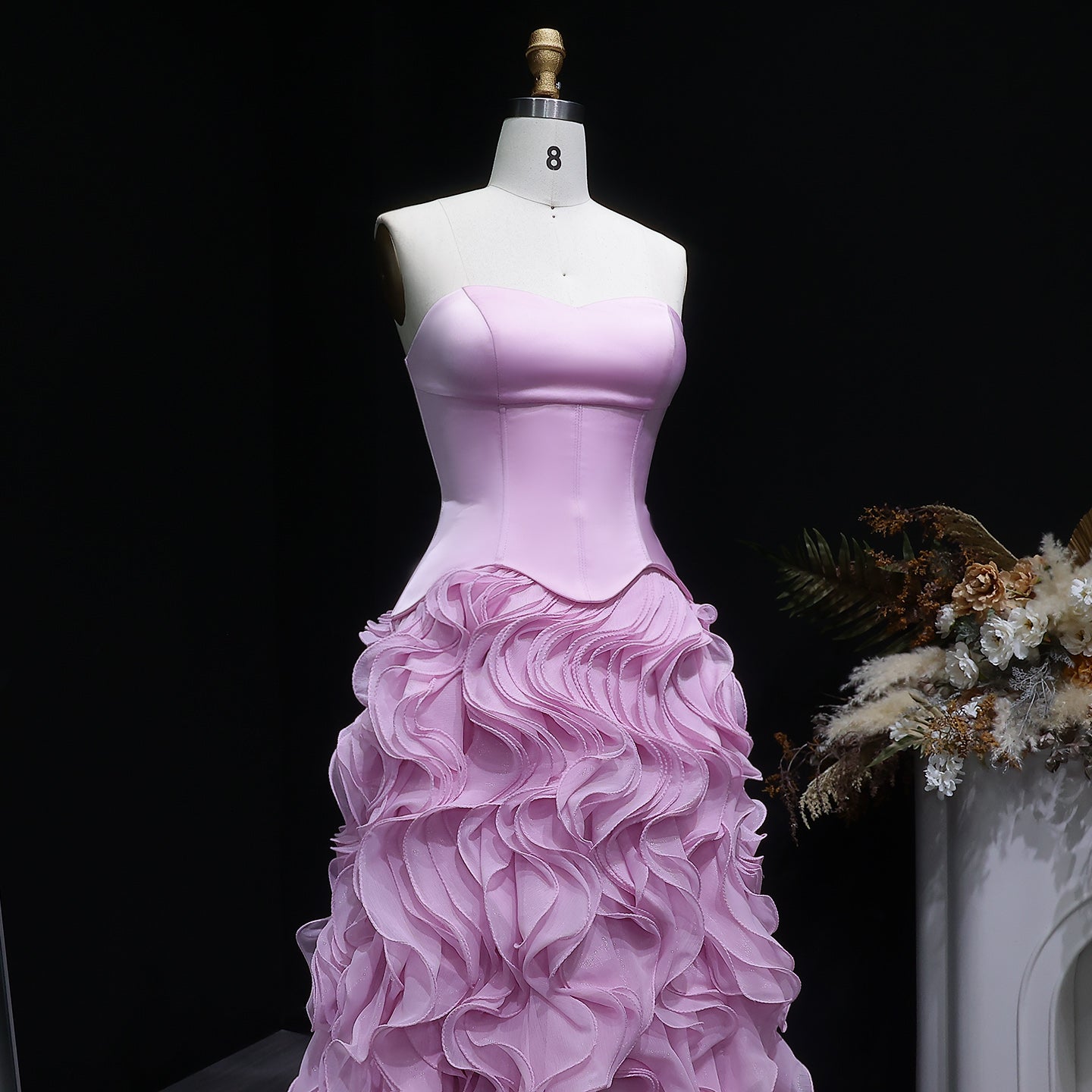 Luxury Pink Strapless Layered Ruched Evening Dress SF452