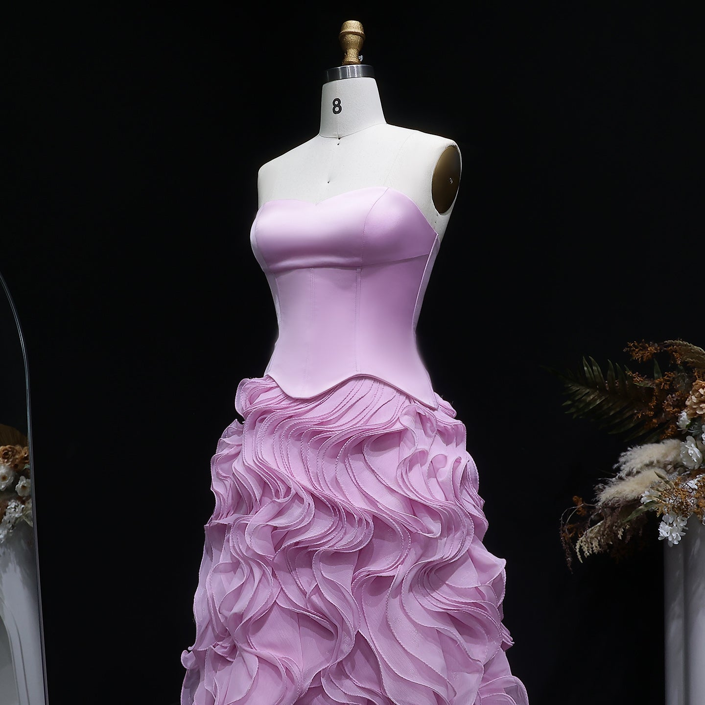 Luxury Pink Strapless Layered Ruched Evening Dress SF452