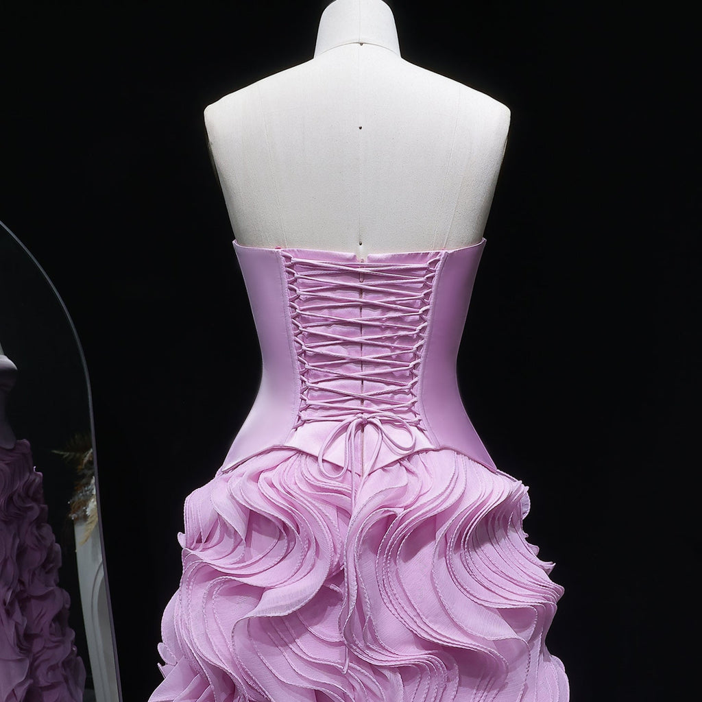 Luxury Pink Strapless Layered Ruched Evening Dress SF452