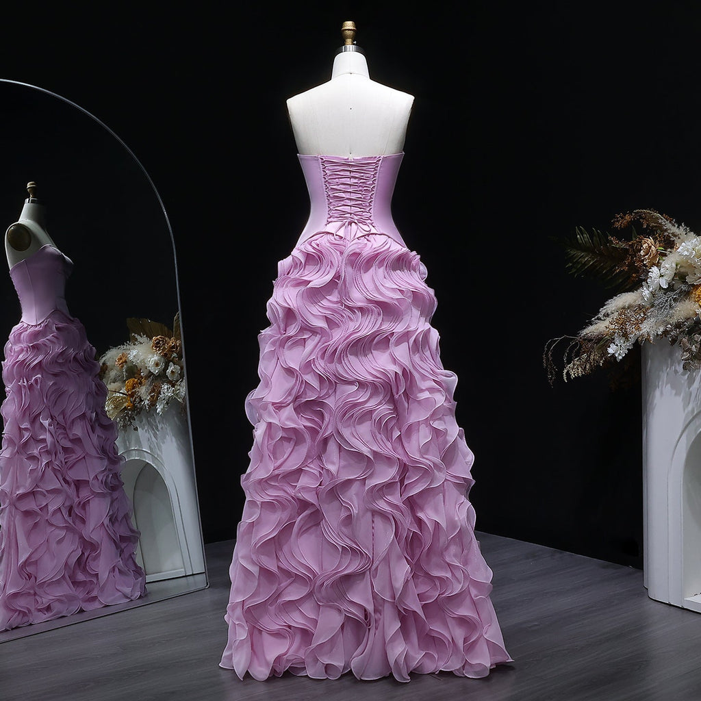 Luxury Pink Strapless Layered Ruched Evening Dress SF452
