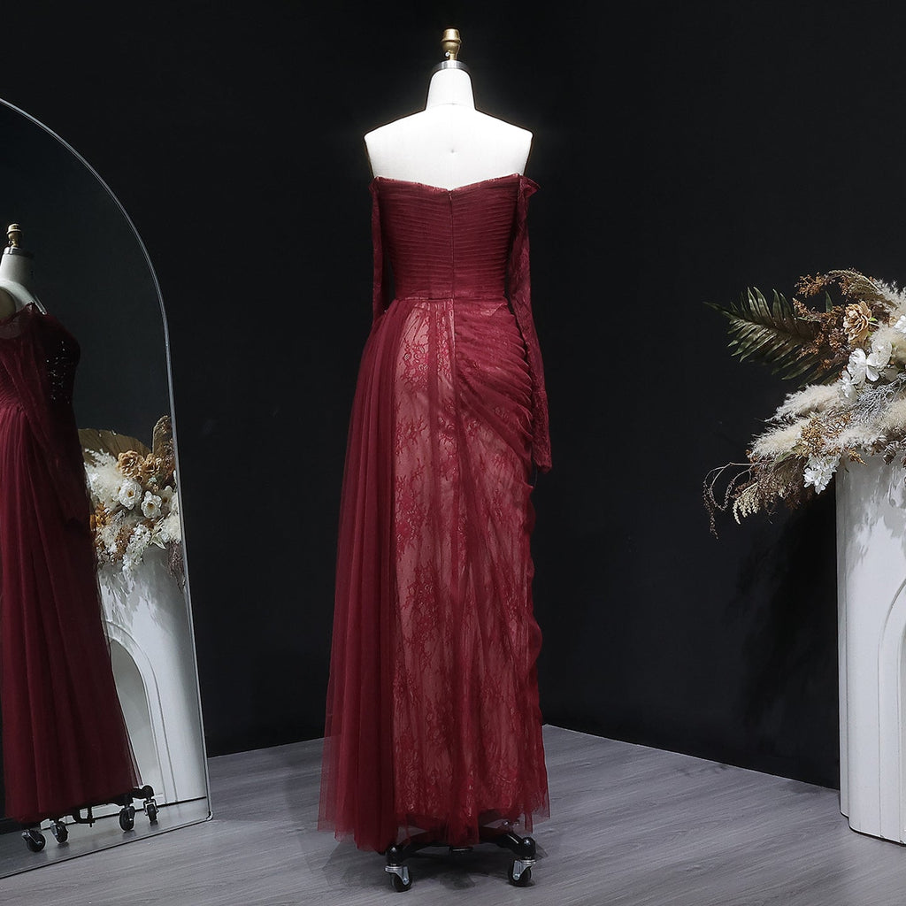 Luxury Beaded Burgundy Strapless Pleats Evening Dress SF456