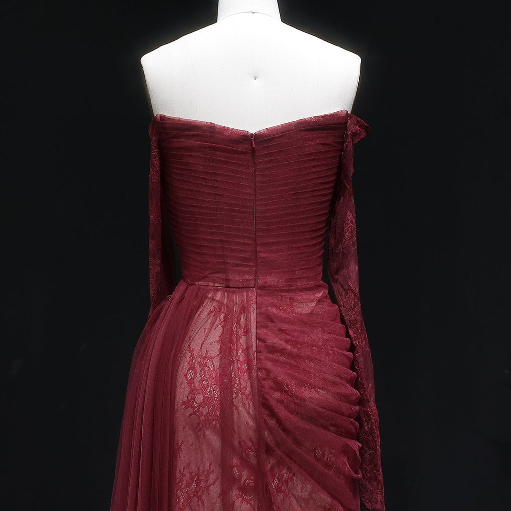 Luxury Beaded Burgundy Strapless Pleats Evening Dress SF456