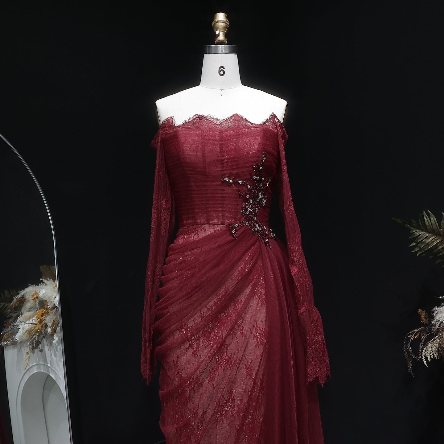 Luxury Beaded Burgundy Strapless Pleats Evening Dress SF456