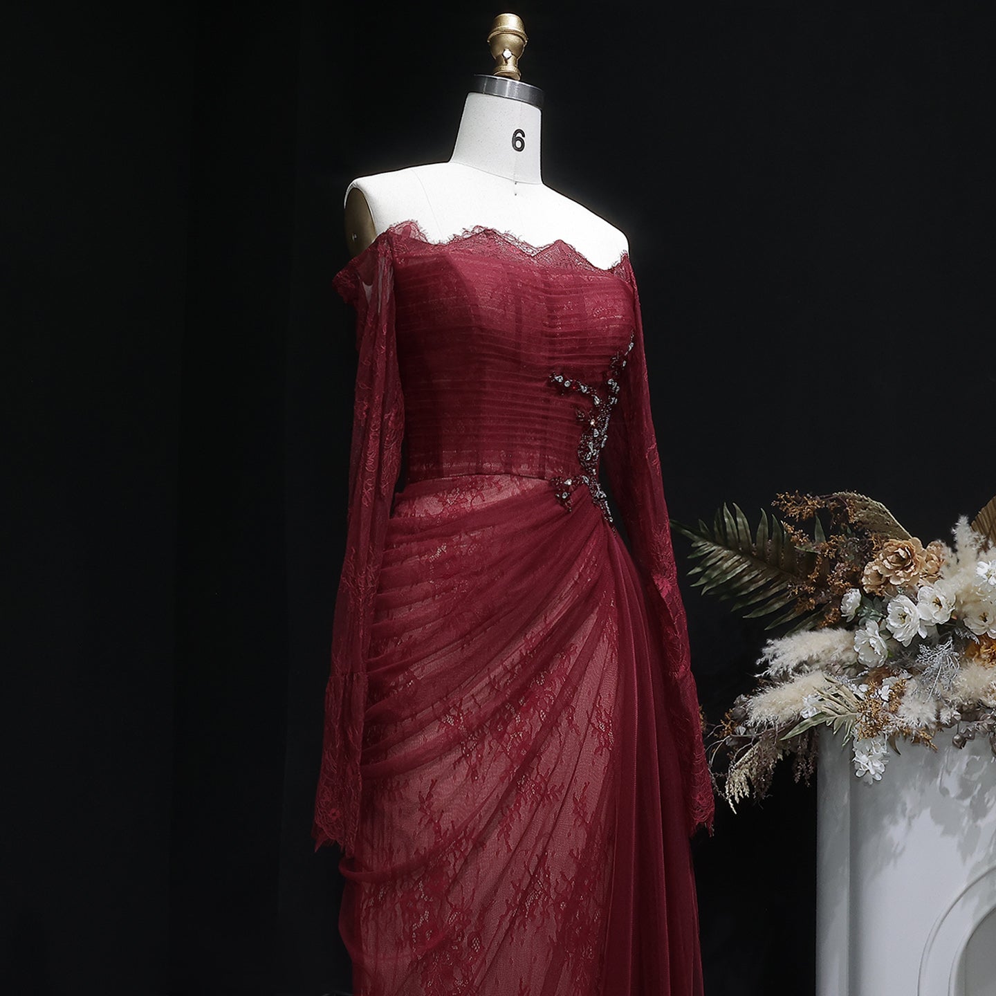 Luxury Beaded Burgundy Strapless Pleats Evening Dress SF456