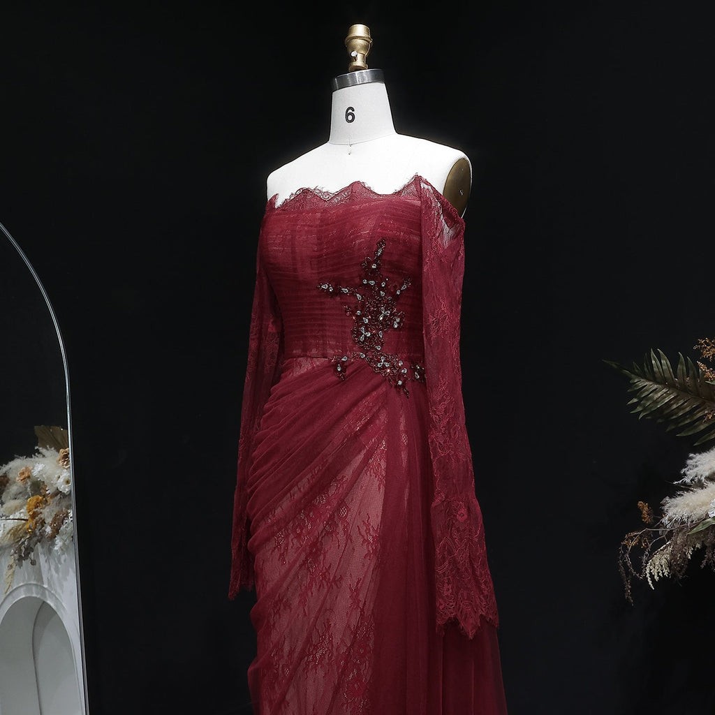 Luxury Beaded Burgundy Strapless Pleats Evening Dress SF456