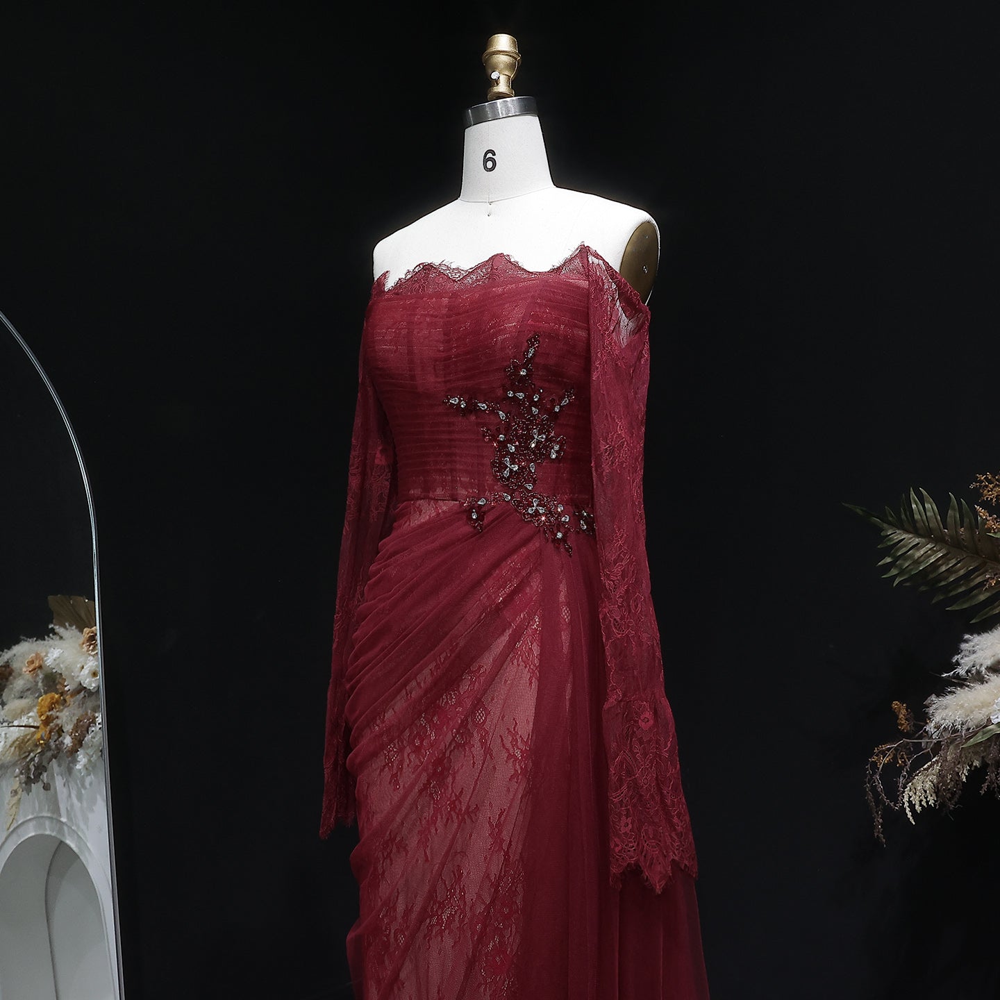 Luxury Beaded Burgundy Strapless Pleats Evening Dress SF456