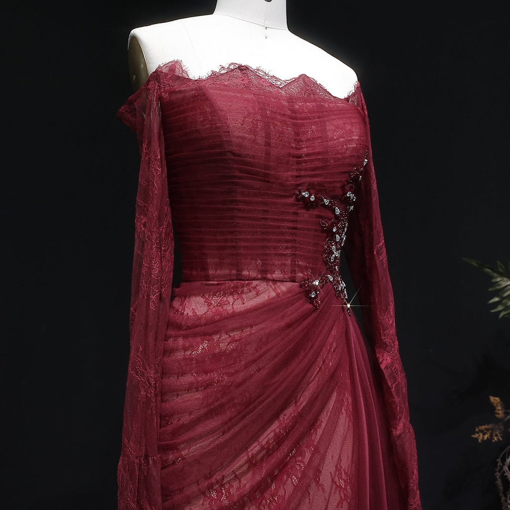 Luxury Beaded Burgundy Strapless Pleats Evening Dress SF456