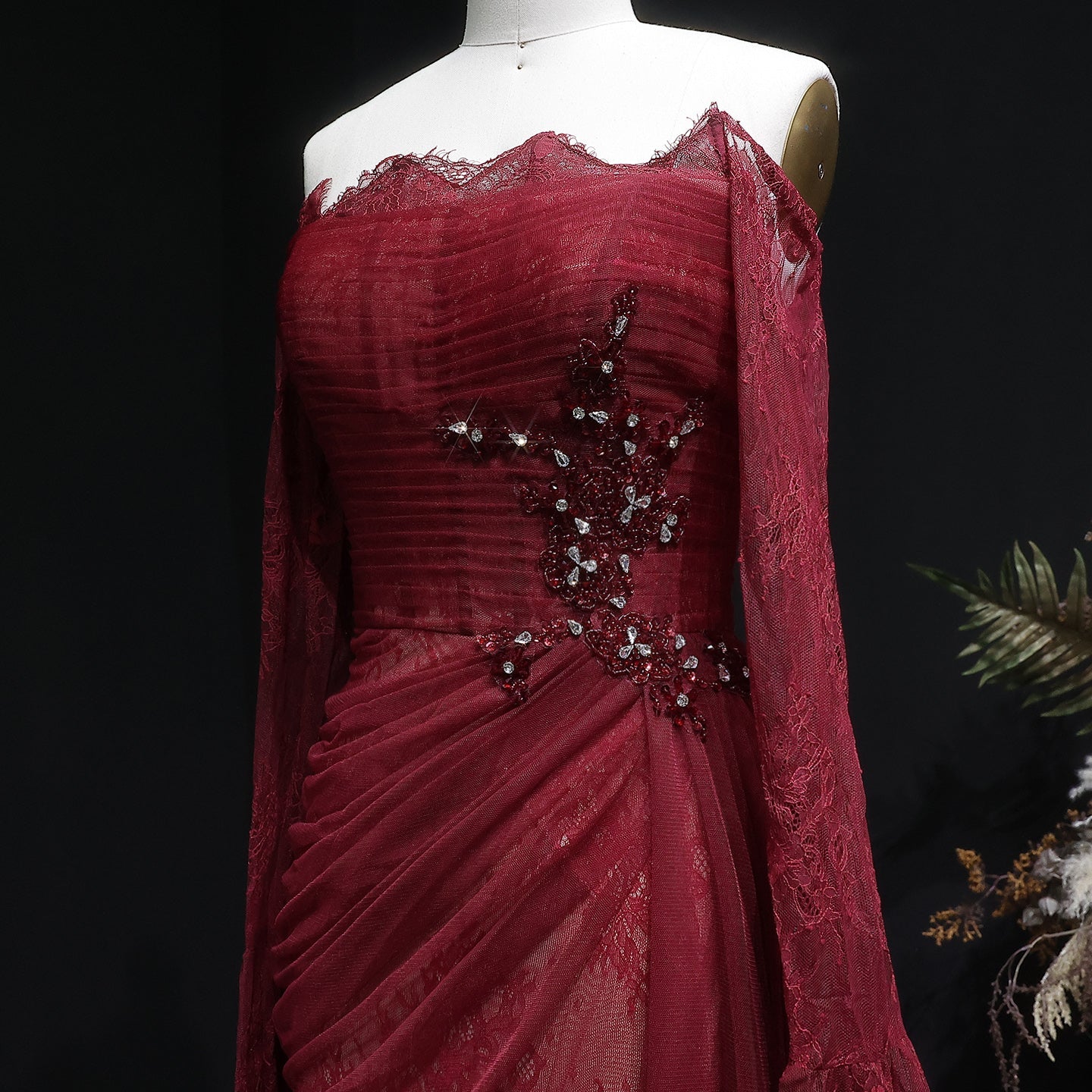 Luxury Beaded Burgundy Strapless Pleats Evening Dress SF456