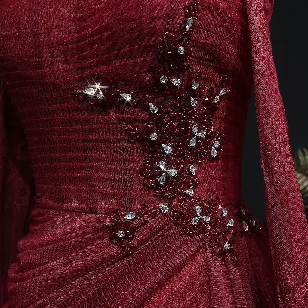 Luxury Beaded Burgundy Strapless Pleats Evening Dress SF456
