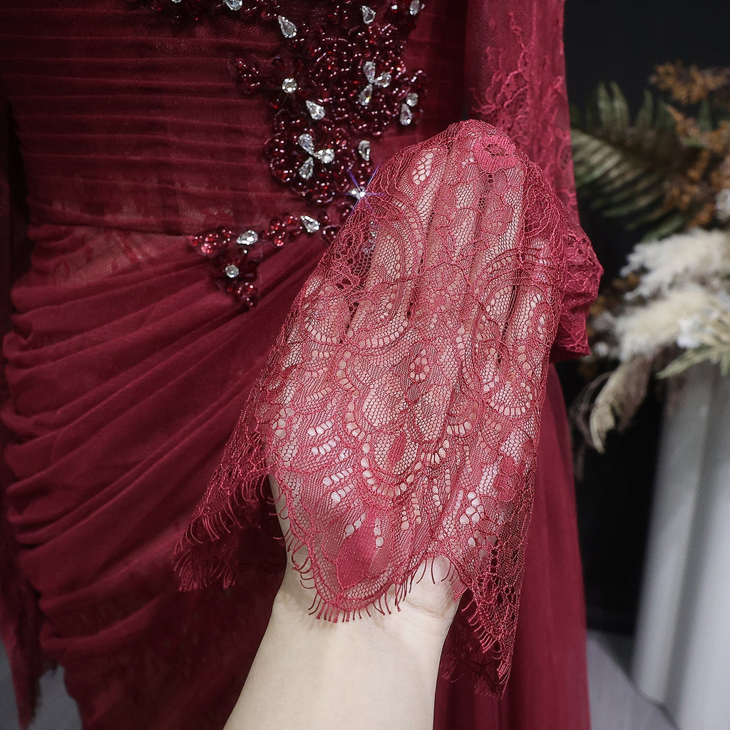 Luxury Beaded Burgundy Strapless Pleats Evening Dress SF456