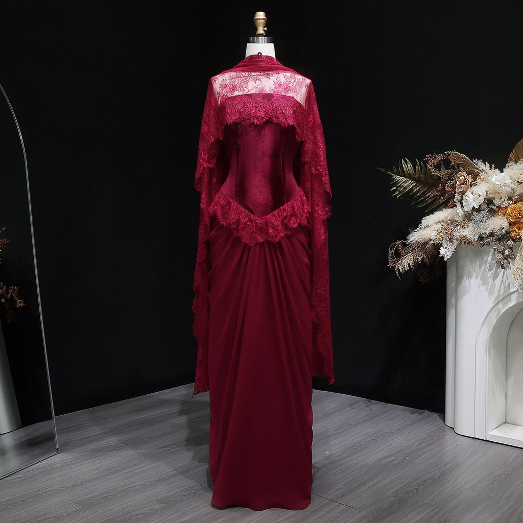 Luxury Burgundy Lace Panel Long Sleeve Fitted Evening Dress with Cape SF462