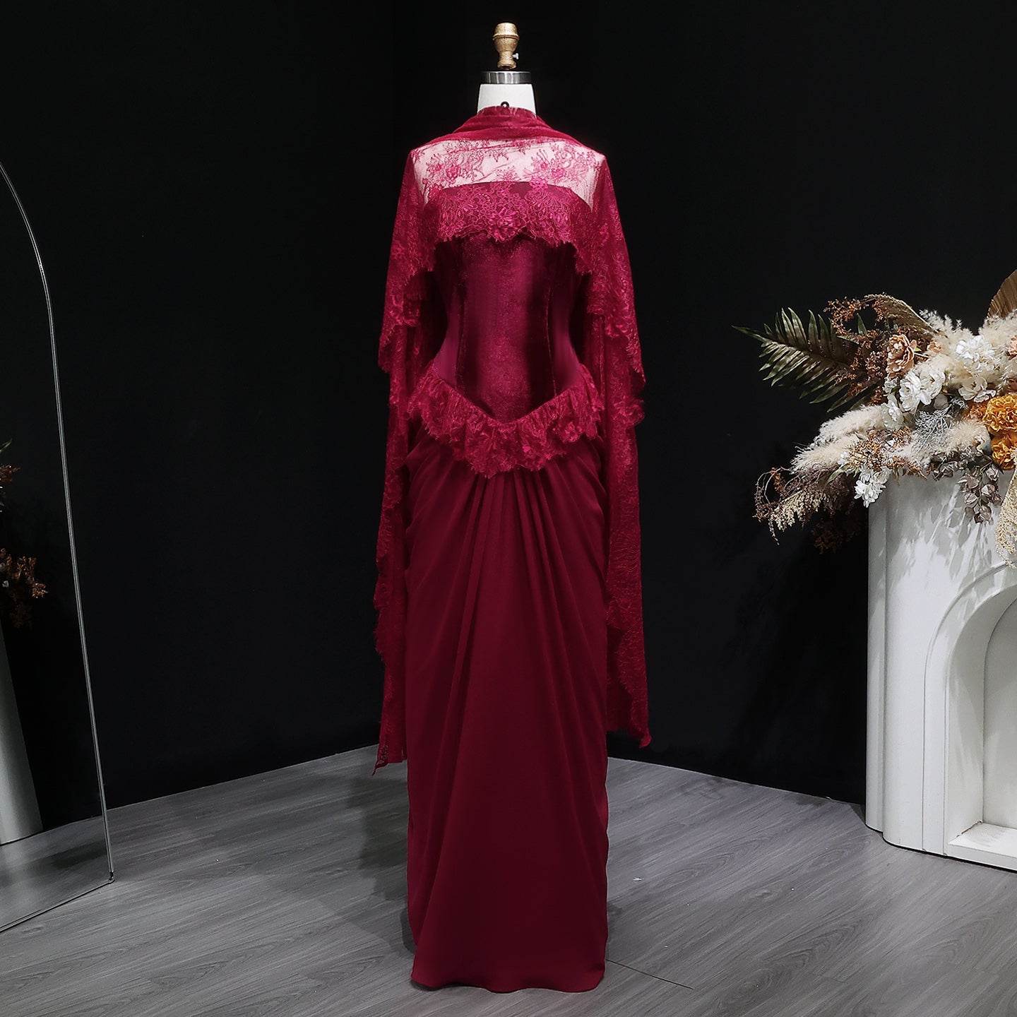Luxury Burgundy Lace Panel Long Sleeve Fitted Evening Dress with Cape SF462