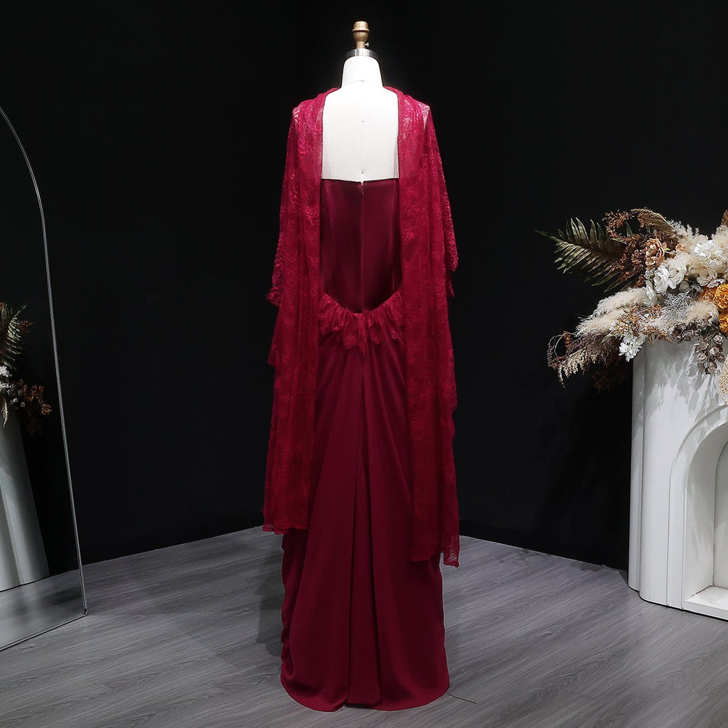 Luxury Burgundy Lace Panel Long Sleeve Fitted Evening Dress with Cape SF462