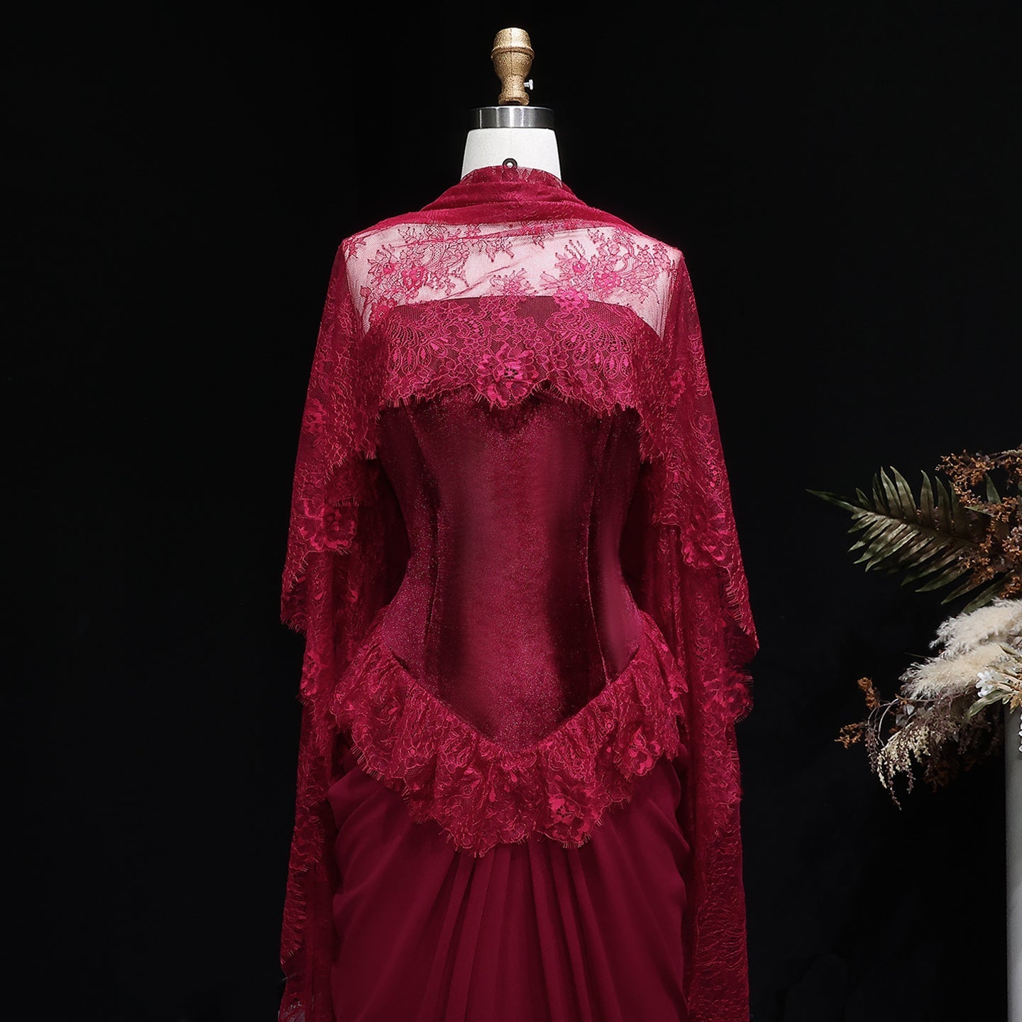 Luxury Burgundy Lace Panel Long Sleeve Fitted Evening Dress with Cape SF462