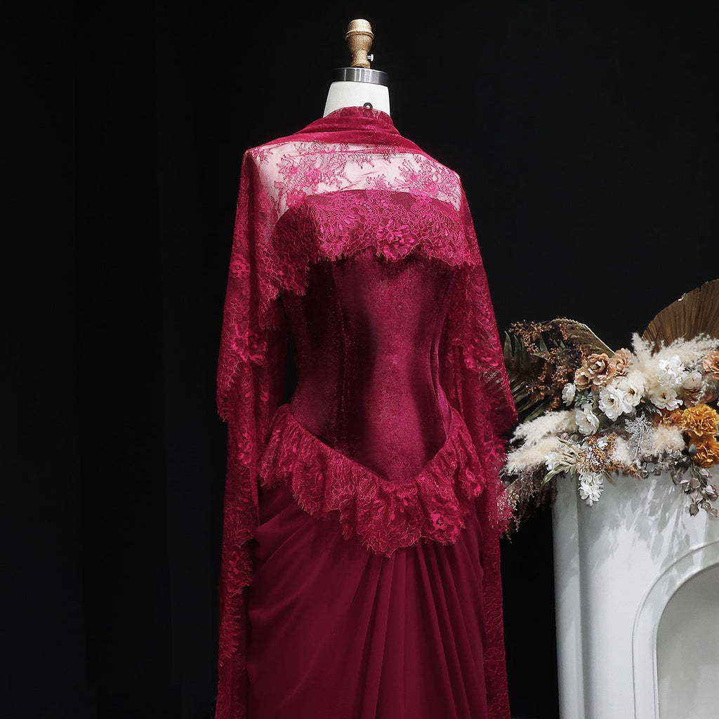 Luxury Burgundy Lace Panel Long Sleeve Fitted Evening Dress with Cape SF462
