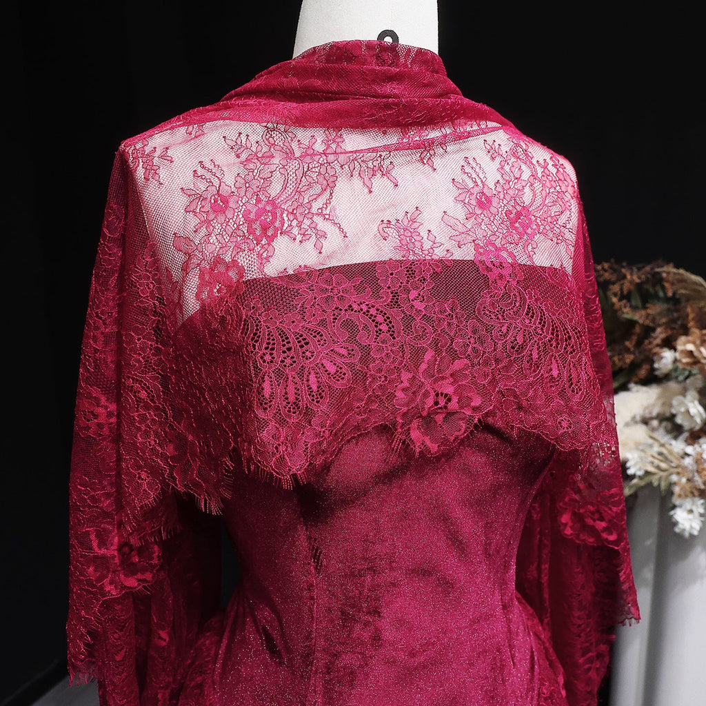 Luxury Burgundy Lace Panel Long Sleeve Fitted Evening Dress with Cape SF462