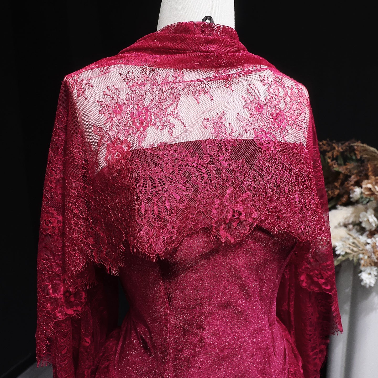 Luxury Burgundy Lace Panel Long Sleeve Fitted Evening Dress with Cape SF462