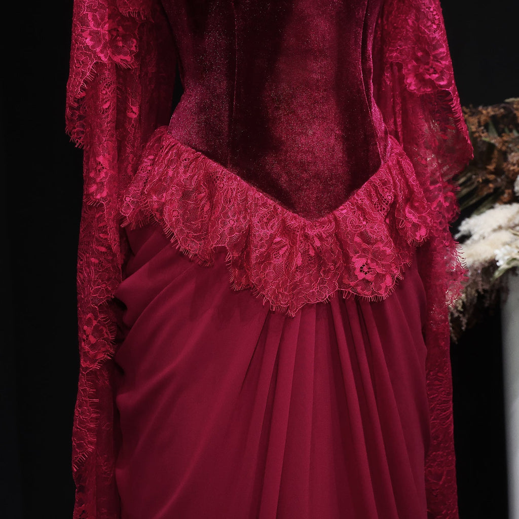 Luxury Burgundy Lace Panel Long Sleeve Fitted Evening Dress with Cape SF462