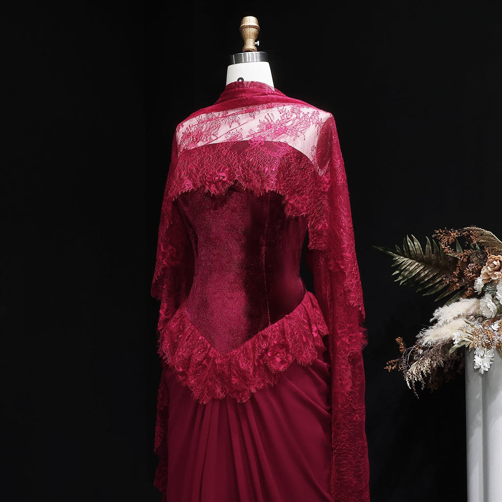 Luxury Burgundy Lace Panel Long Sleeve Fitted Evening Dress with Cape SF462