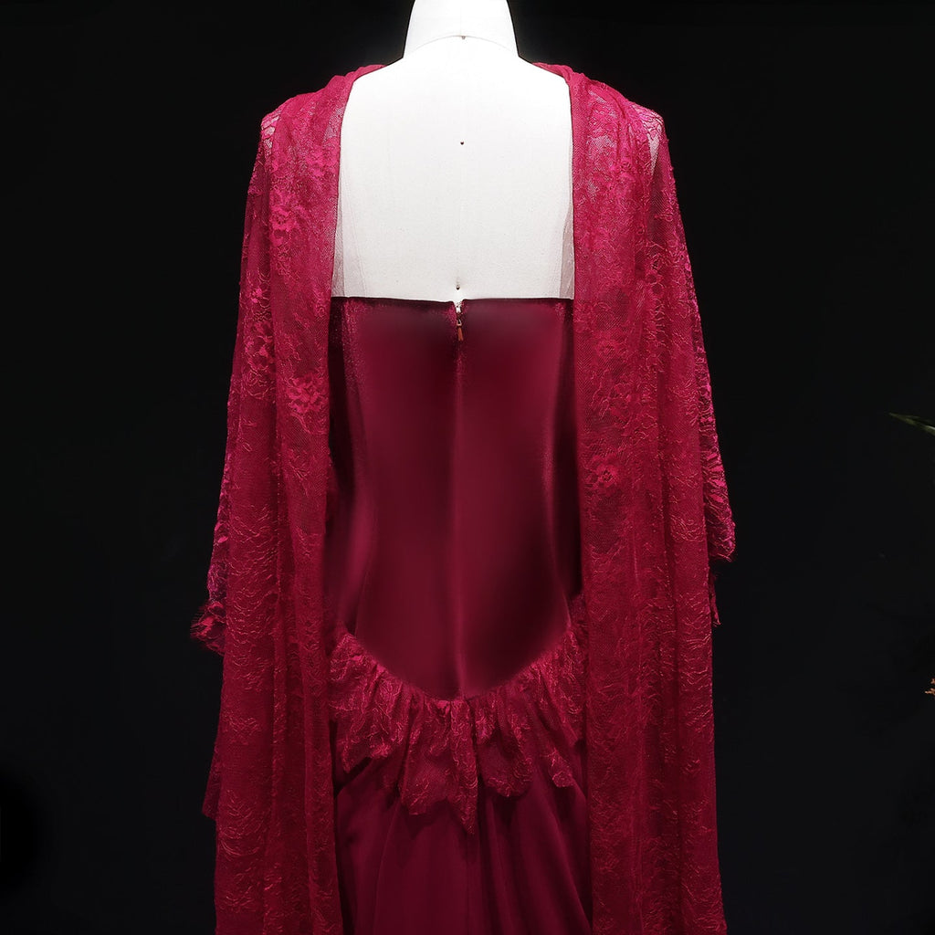 Luxury Burgundy Lace Panel Long Sleeve Fitted Evening Dress with Cape SF462