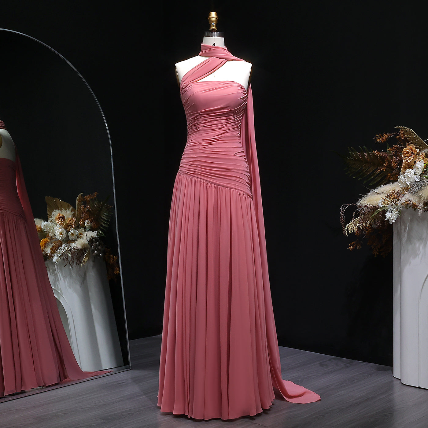 Elegant Strapless Pink Evening Dress with Cape SF482