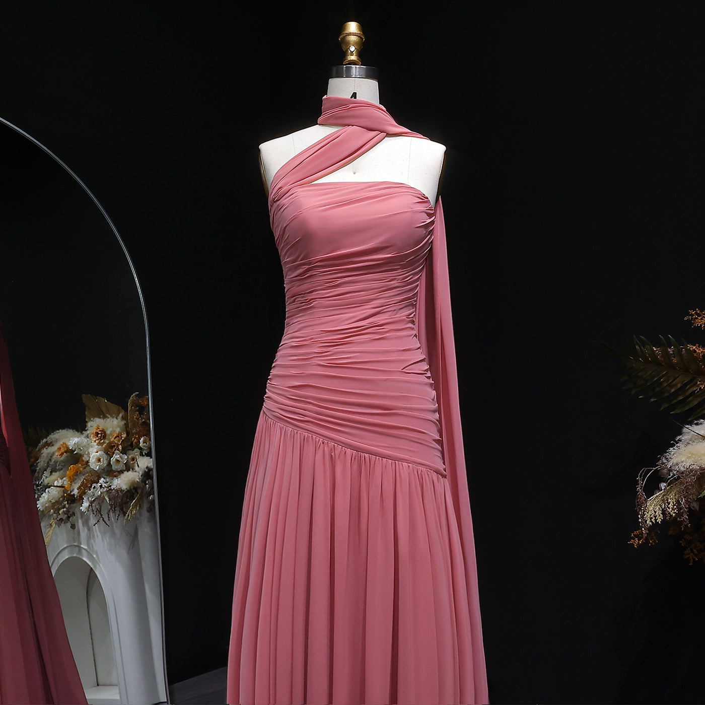 Elegant Strapless Pink Evening Dress with Cape SF482
