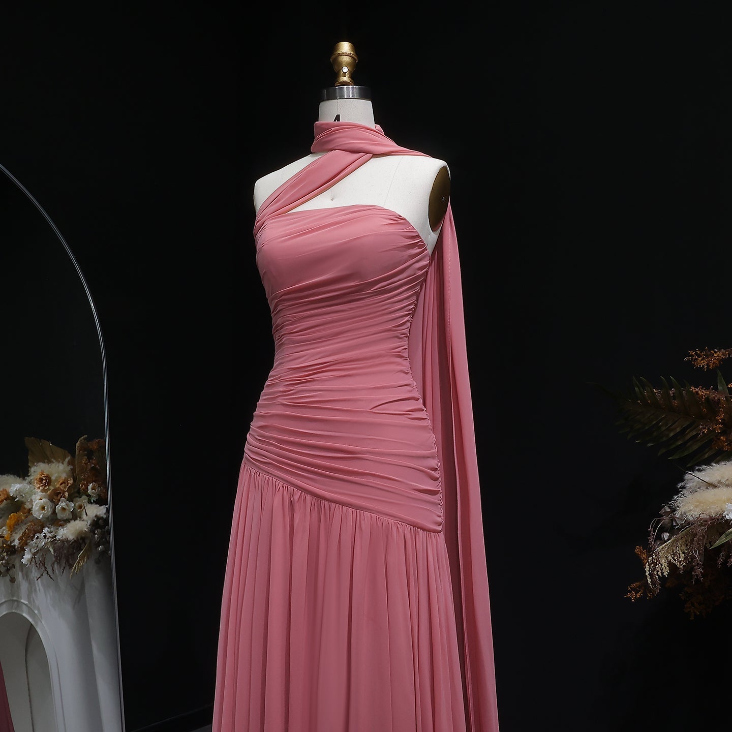 Elegant Strapless Pink Evening Dress with Cape SF482